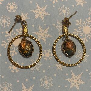 Genuine RainbowFlake with turquoise and gold tone dangle hoop earrings